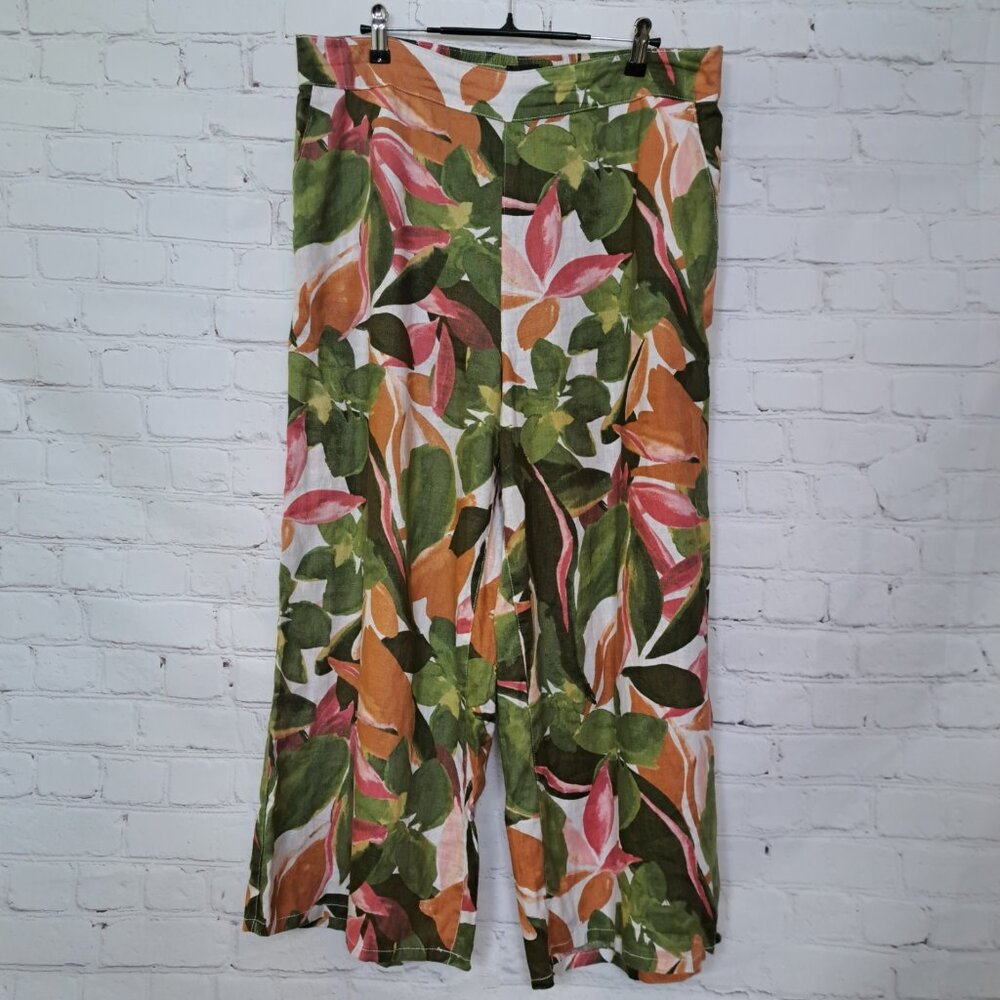 Tahari Tropical Print Linen High-Rise Wide Leg Cropped Pants Size XL